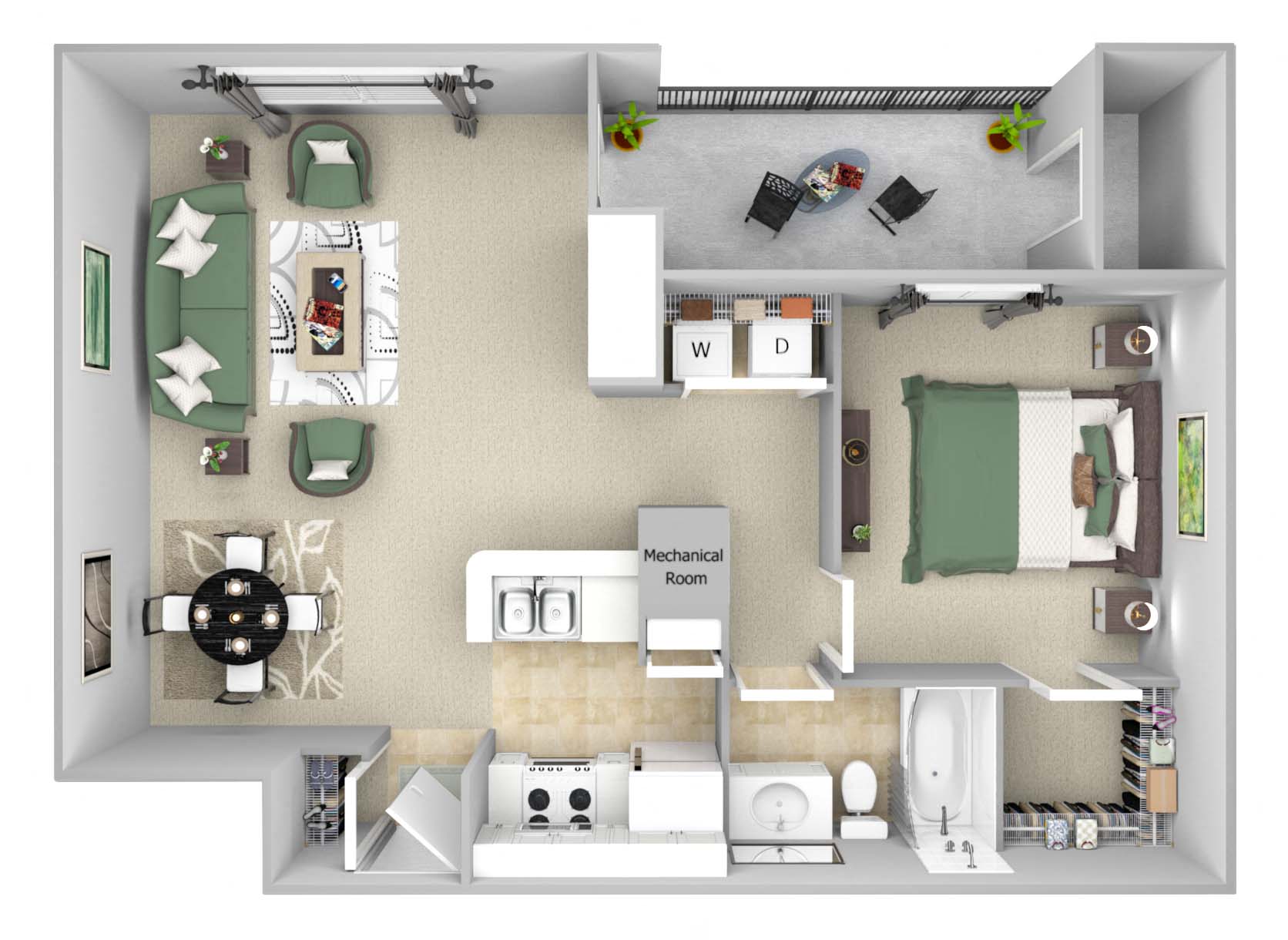 Floor plan for 1 bed, 1 bath, 723 sqft